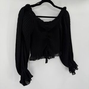 MOD ON TREND Black Smocked Square Neck Ruched Long Sleeve Crop Top Women's L